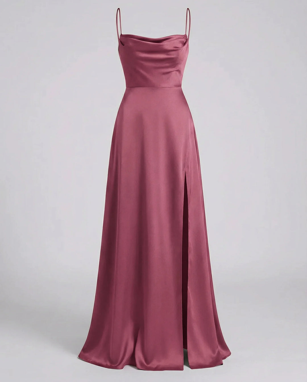 Pink Women's Elegant Cowl Neck Maxi Dress — Freya Leg Slit Satin - Elegant Pose