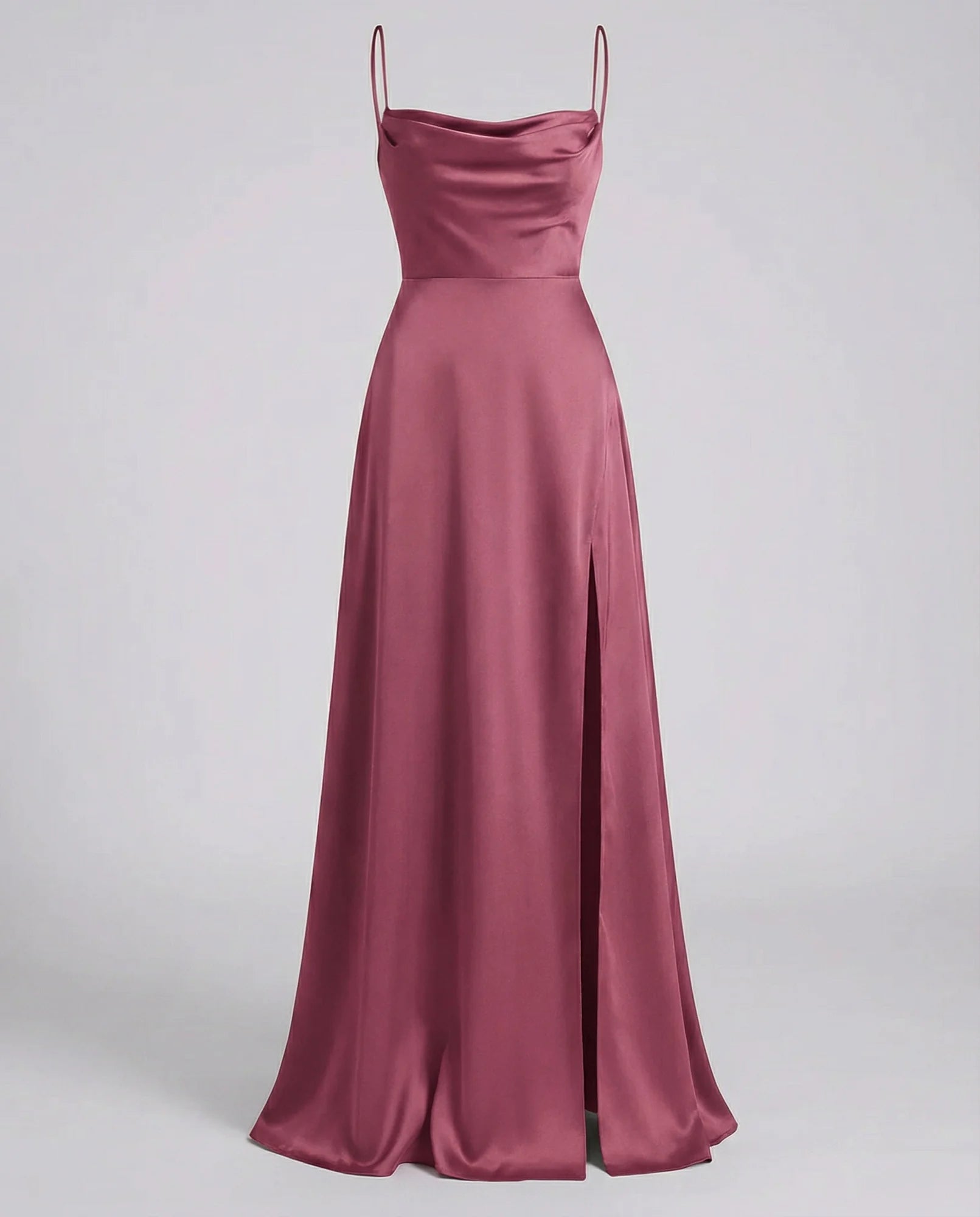 Pink Women's Elegant Cowl Neck Maxi Dress — Freya Leg Slit Satin - Elegant Pose