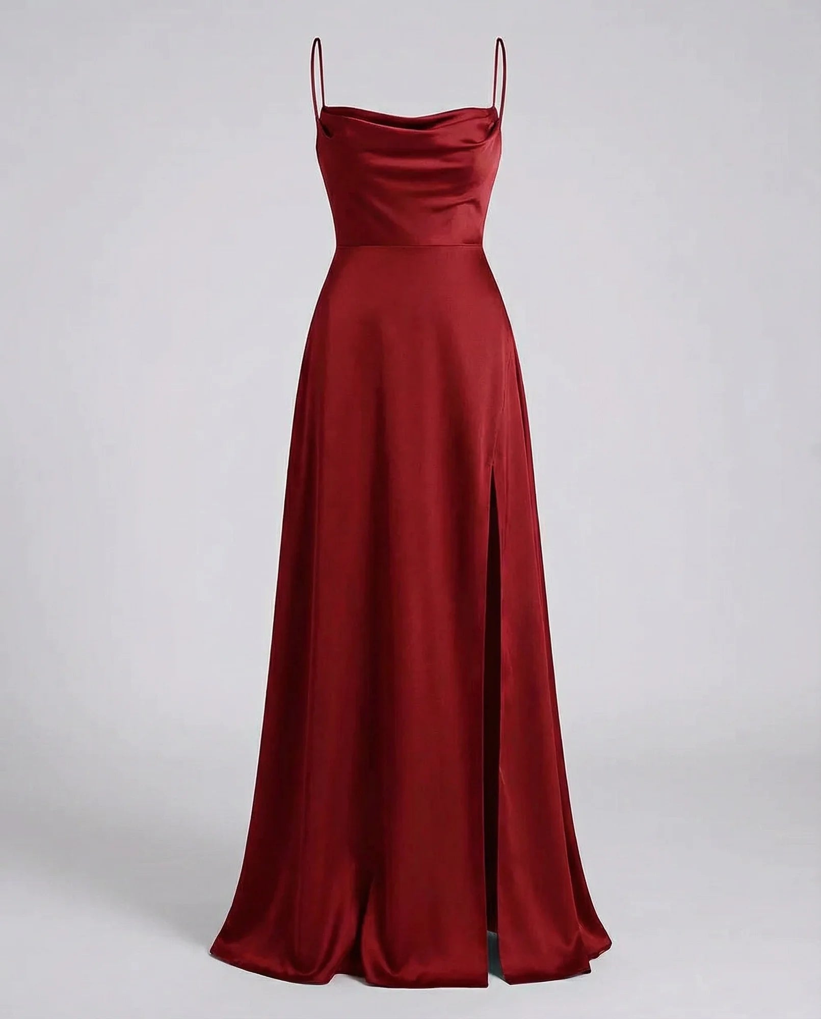 Red Women's Elegant Cowl Neck Maxi Dress — Freya Leg Slit Satin - Flat Lay