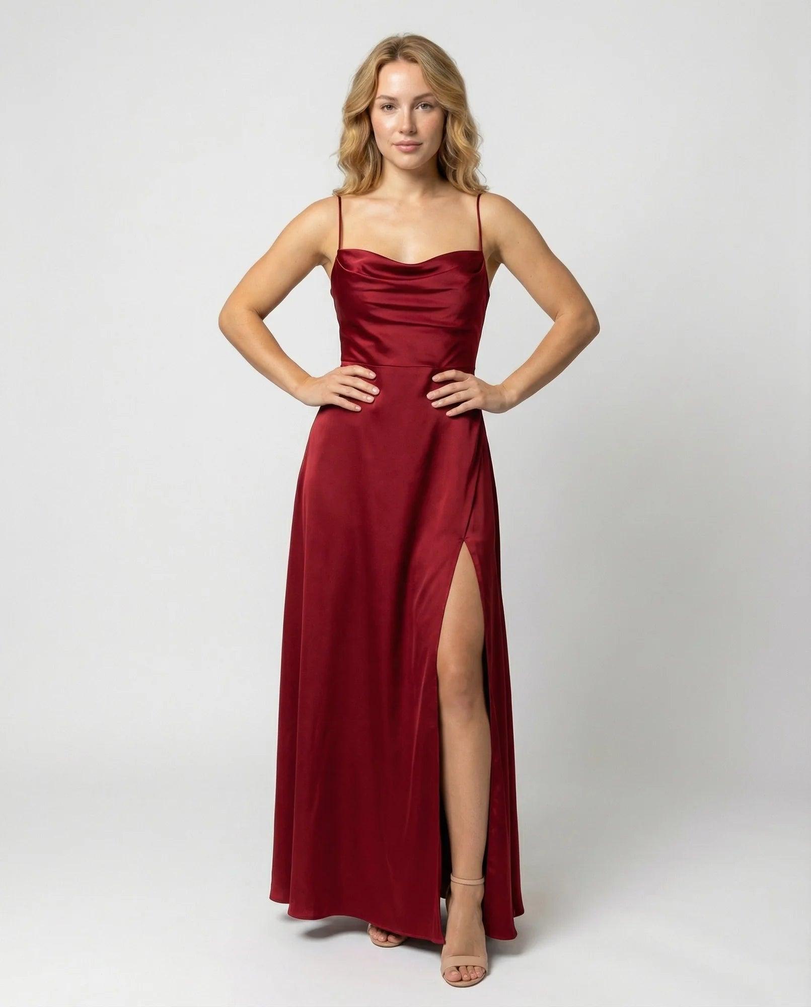Red Women's Elegant Cowl Neck Maxi Dress — Freya Leg Slit Satin - Front Full