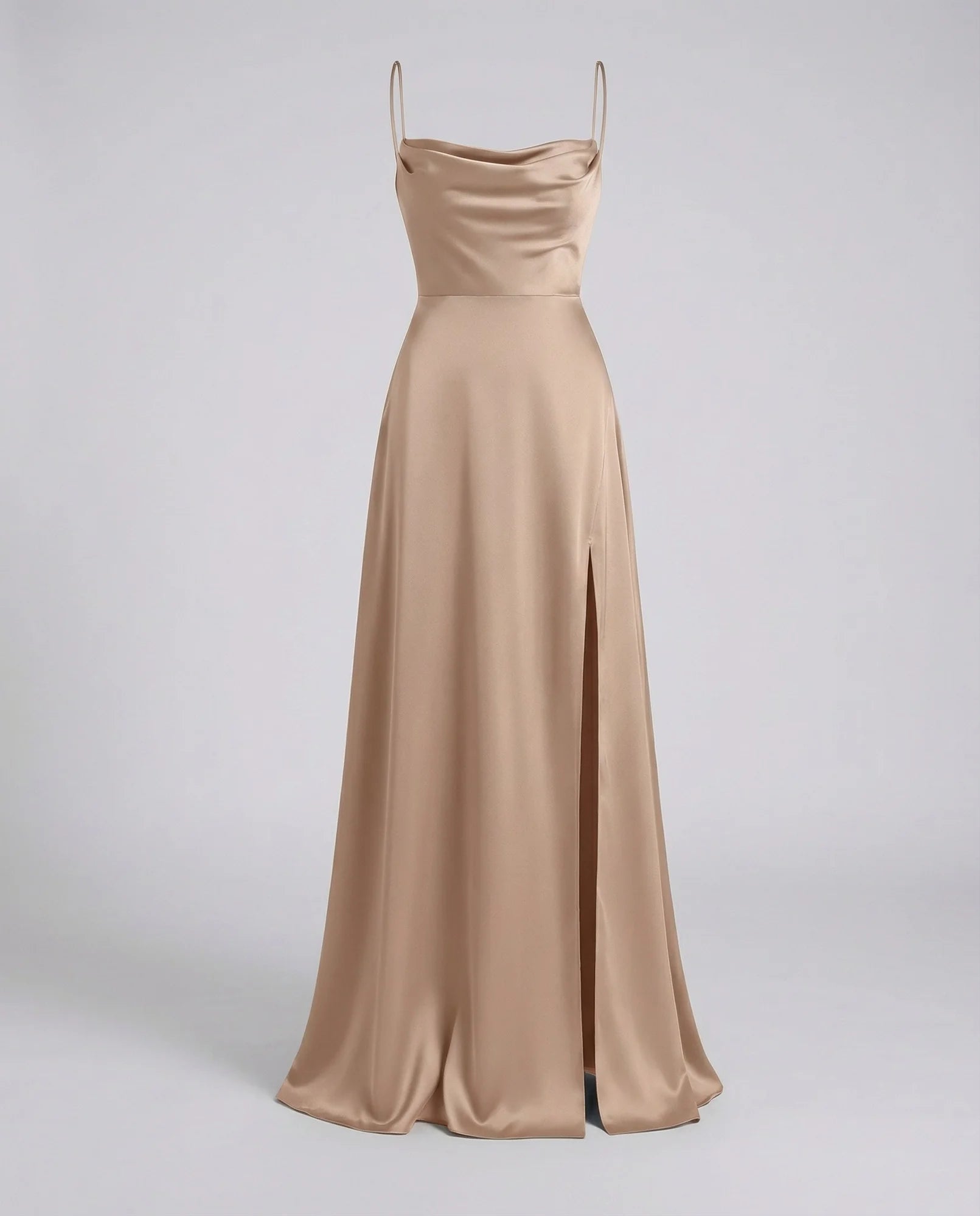 Tan Women's Elegant Cowl Neck Maxi Dress — Freya Leg Slit Satin - Neutral Front
