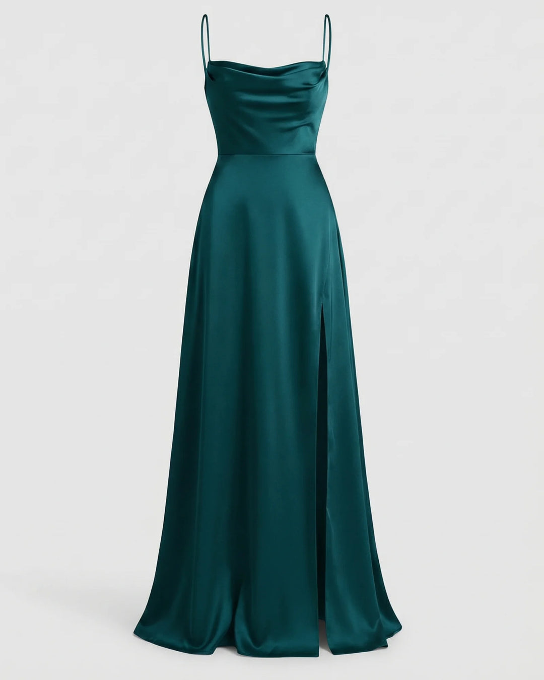 Teal Women's Elegant Cowl Neck Maxi Dress — Freya Leg Slit Satin - Studio Front