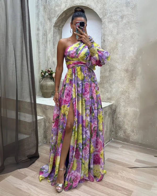 Isla | Elegant Floral One Shoulder Maxi Wedding Guest Dress - Purple - 1