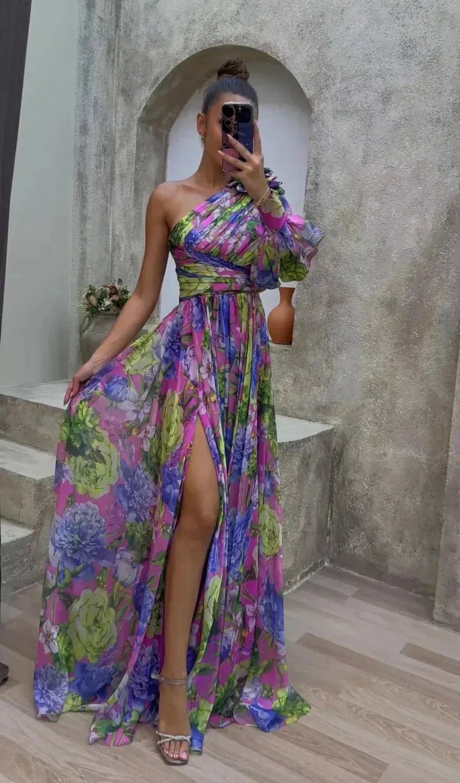 Isla | Elegant Floral One Shoulder Maxi Wedding Guest Dress - Purple - 2
