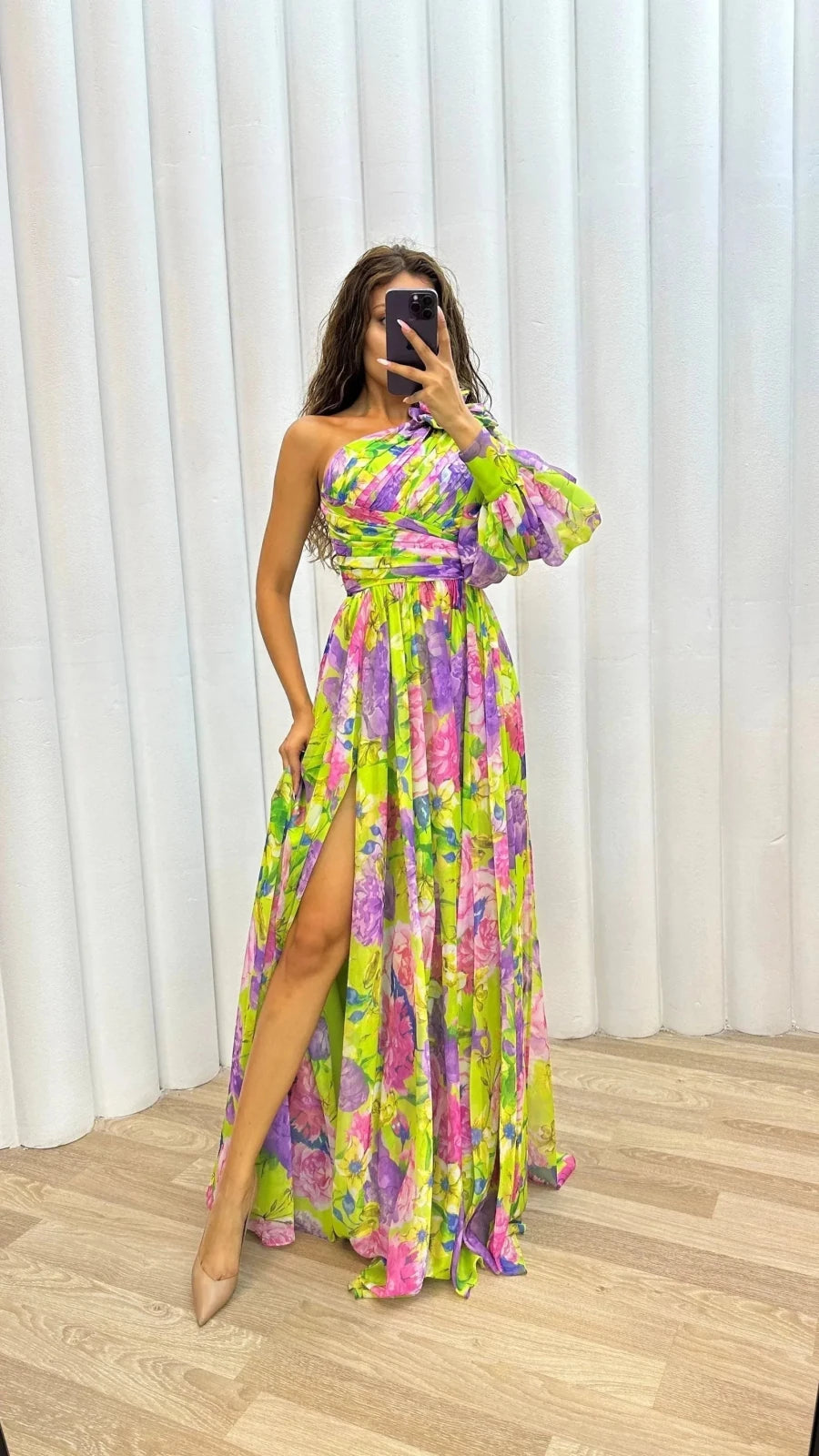Isla | Elegant Floral One Shoulder Maxi Wedding Guest Dress - Green - 4