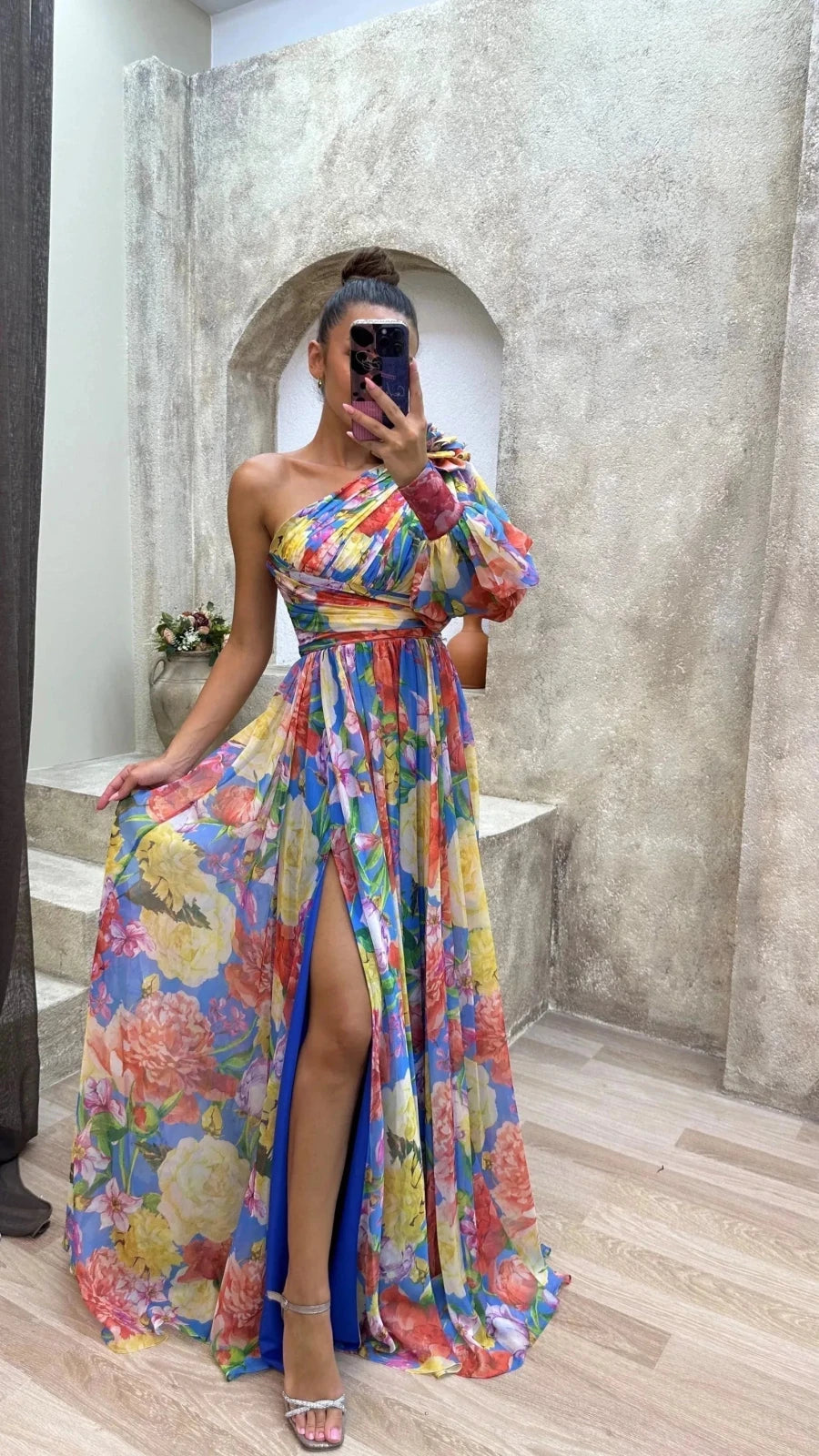 Isla | Elegant Floral One Shoulder Maxi Wedding Guest Dress - Green - 3