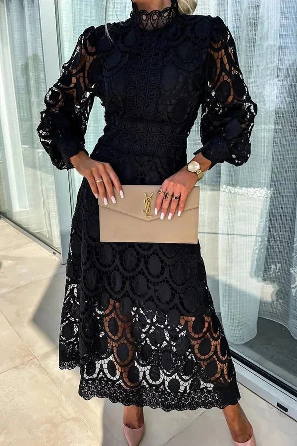 Black Women's White Lace Dress — Celeste High Neck Long Sleeve - Studio Full
