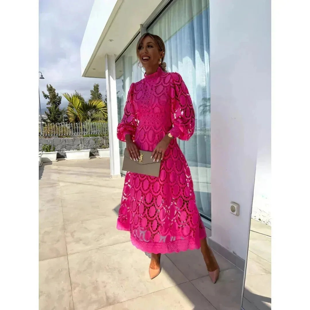 Hot Pink Women's White Lace Dress — Celeste High Neck Long Sleeve - Front Lifestyle