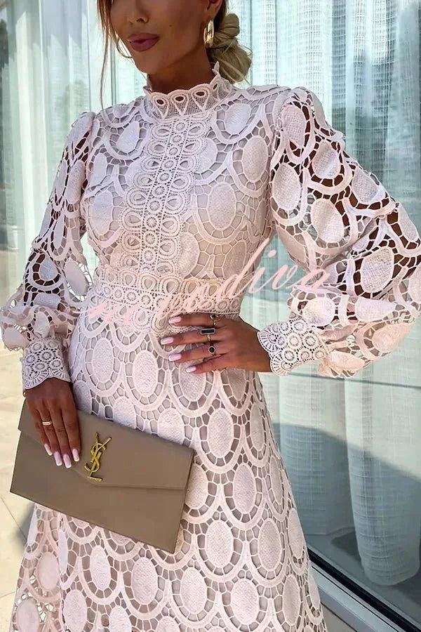 Light Pink Women's White Lace Dress — Celeste High Neck Long Sleeve - Front Detail