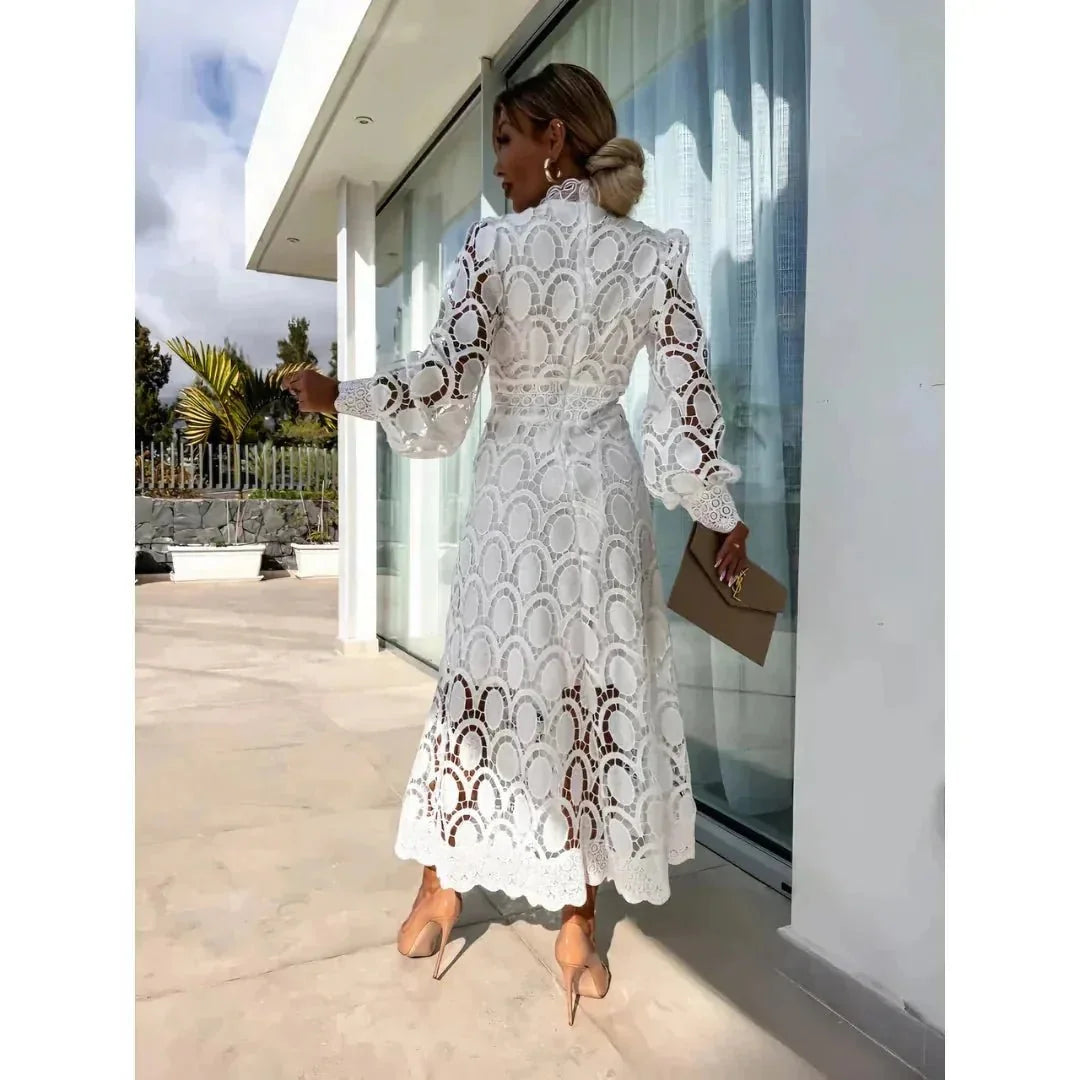 White Women's White Lace Dress — Celeste High Neck Long Sleeve - Back Detail