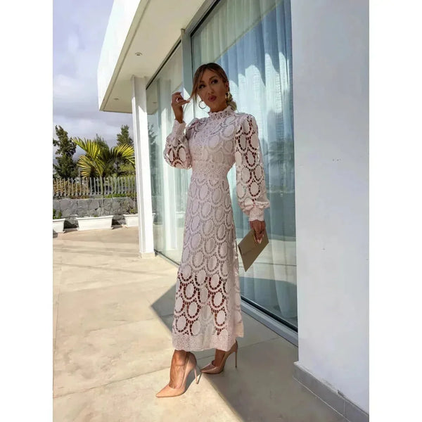 White Women's White Lace Dress — Celeste High Neck Long Sleeve - Front Full