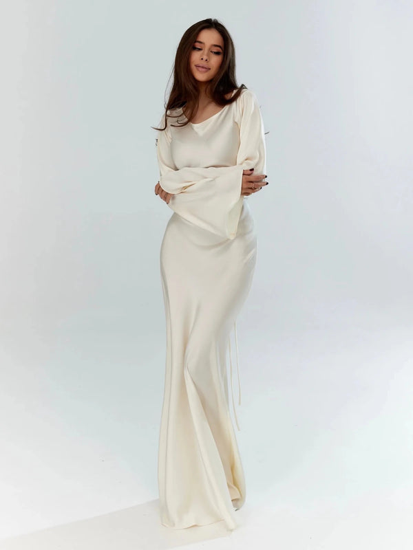 Sophia | Elegant Long Sleeve V - Neck Maxi Dress - Cream - 1