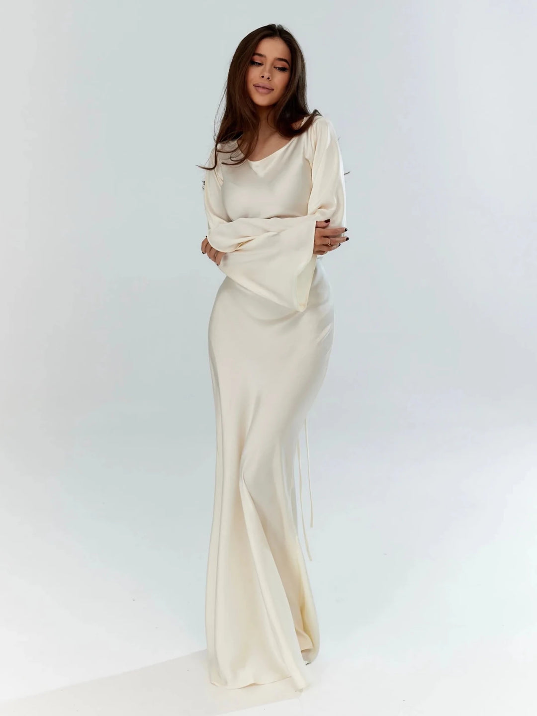 Sophia | Elegant Long Sleeve V - Neck Maxi Dress - Cream - 1