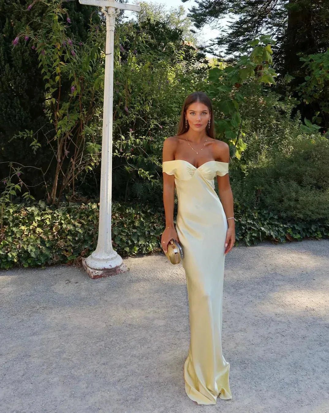 Ophelia | Elegant Off - Shoulder Backless Maxi Dress - Yellow - 2
