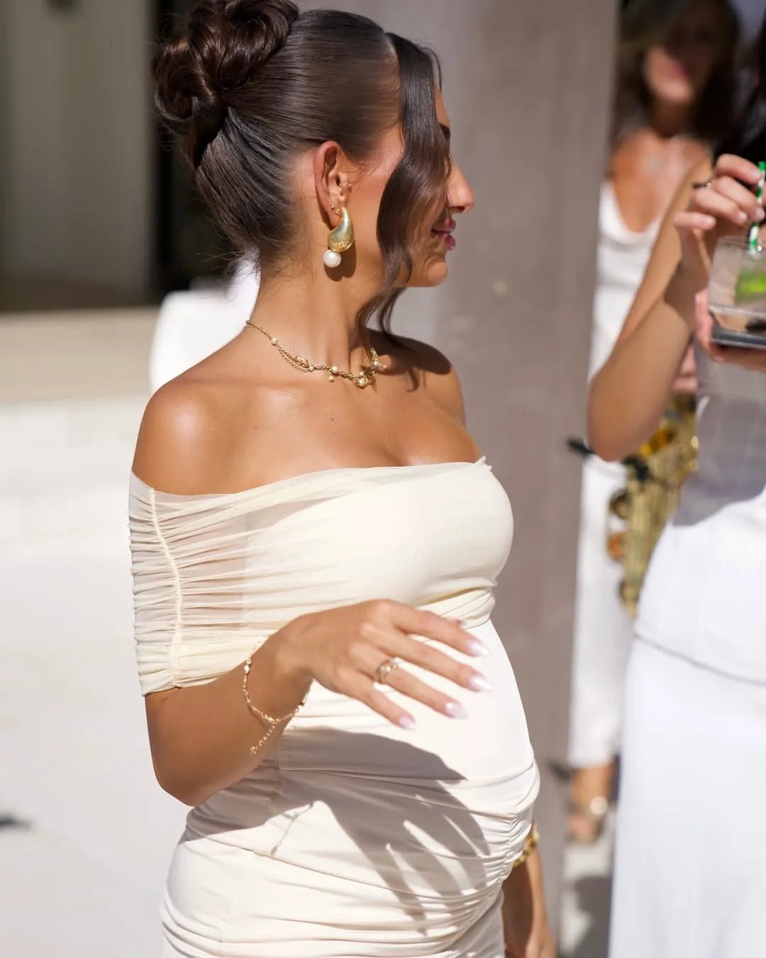 Florence | Elegant Off - Shoulder Maternity Maxi Dress - Cream - 3