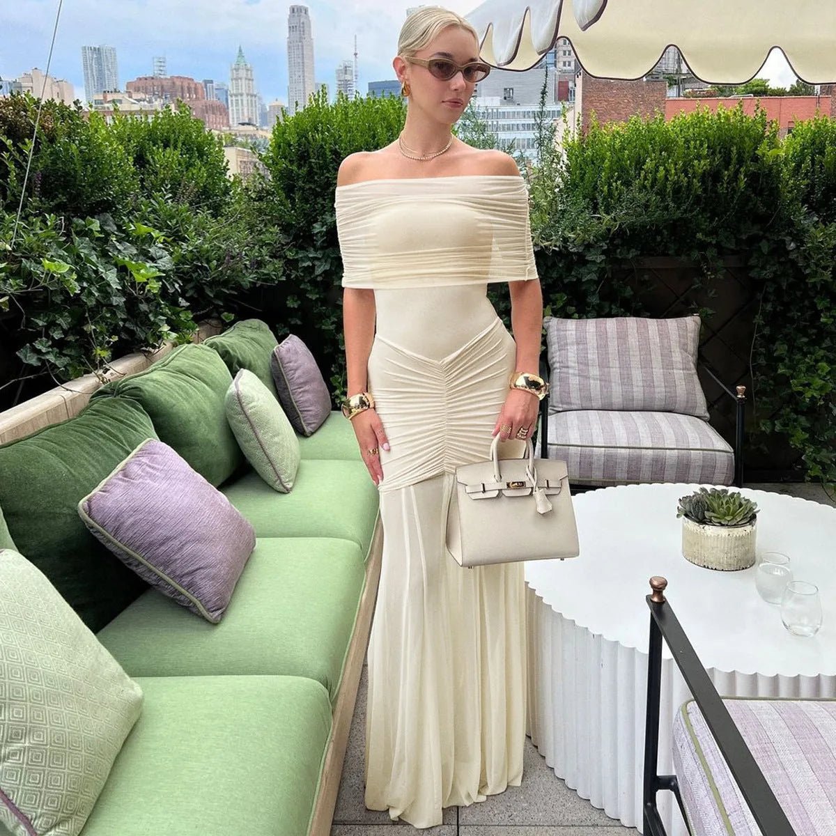 Florence | Elegant Off - Shoulder Maternity Maxi Dress - Cream - 5