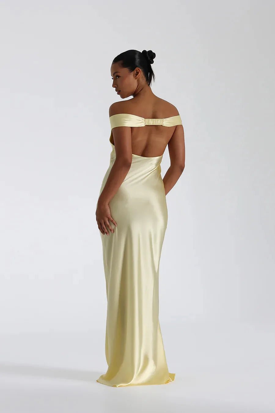 Penelope | Elegant Off Shoulder Satin Maxi Dress - Light Green - 4