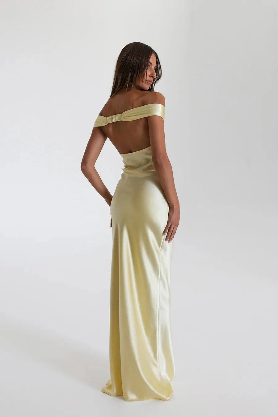 Penelope | Elegant Off Shoulder Satin Maxi Dress - Light Green - 2