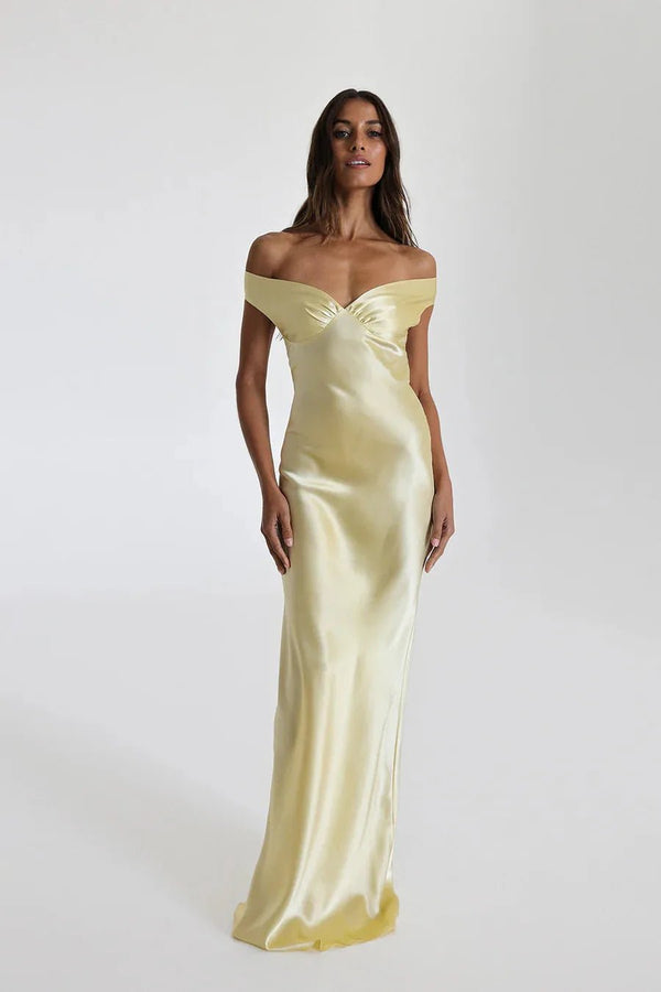 Penelope | Elegant Off Shoulder Satin Maxi Dress - Light Green - 1