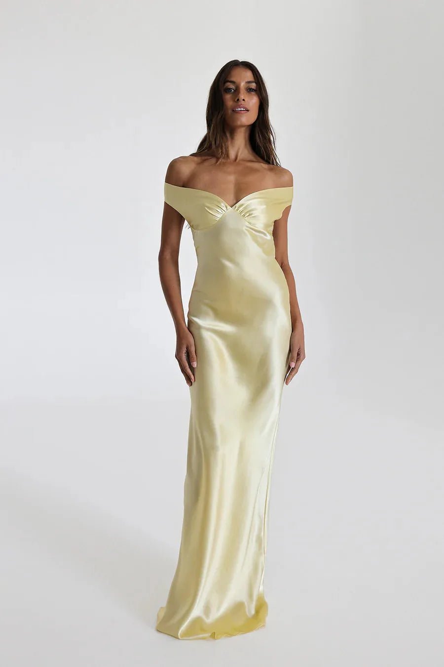 Penelope | Elegant Off Shoulder Satin Maxi Dress - Light Green - 1
