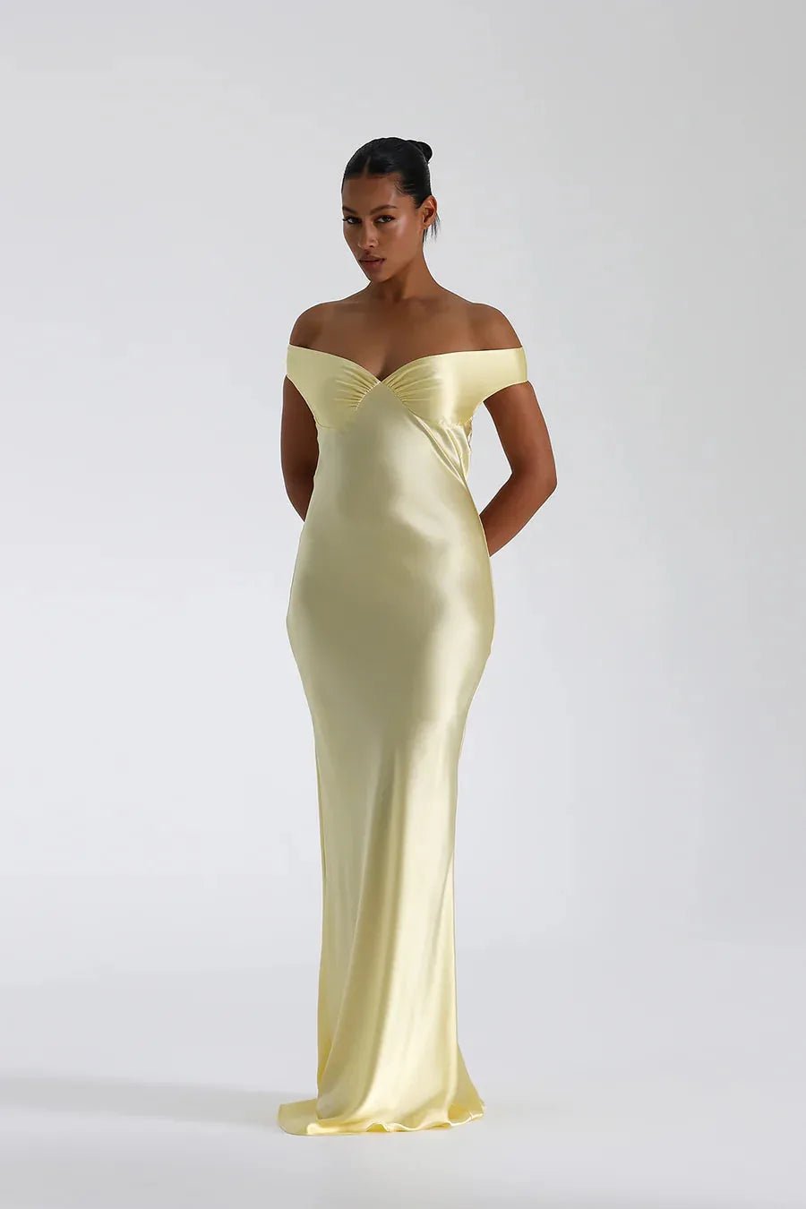 Penelope | Elegant Off Shoulder Satin Maxi Dress - Light Green - 3