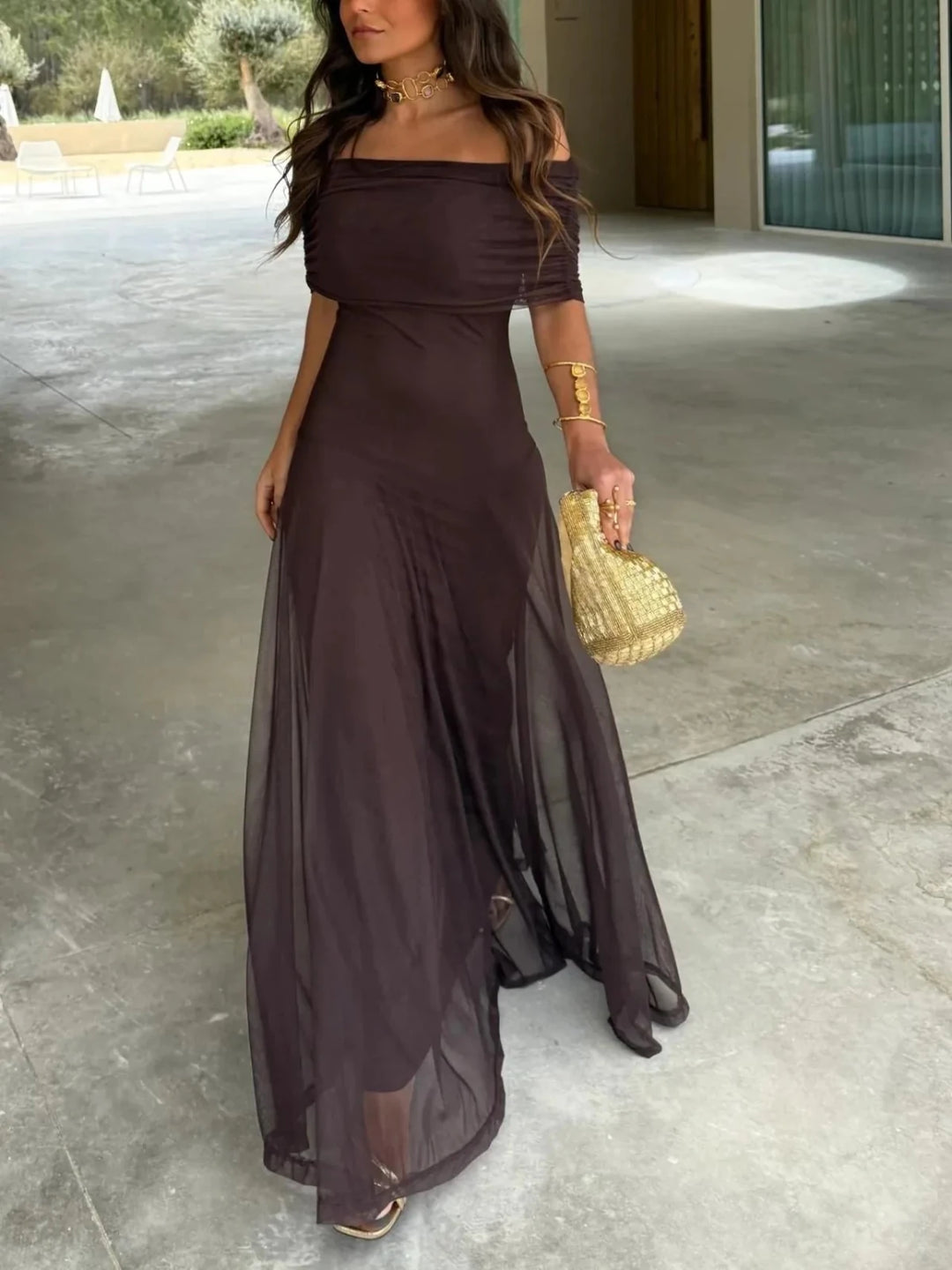 Serena | Elegant Off - Shoulder Ruched Maxi Dress - Purple - 1