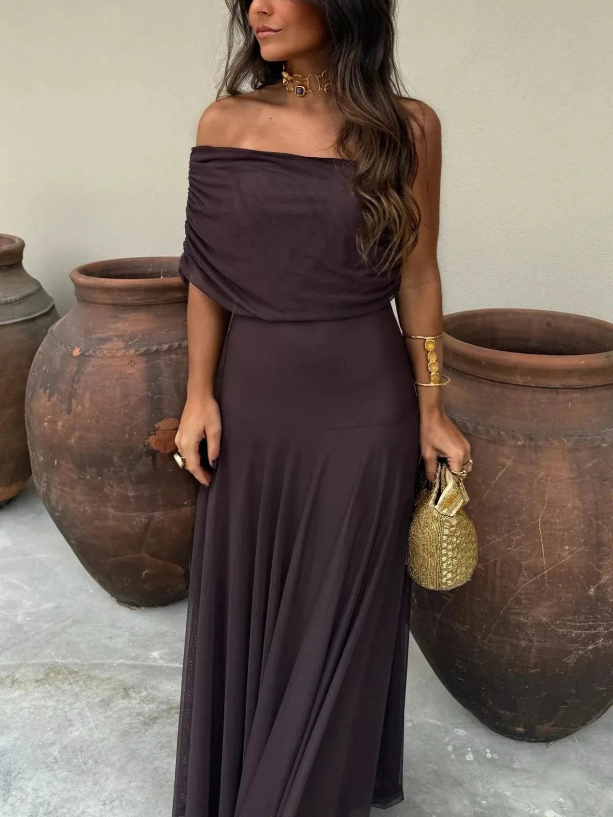 Serena | Elegant Off - Shoulder Ruched Maxi Dress - Purple - 8