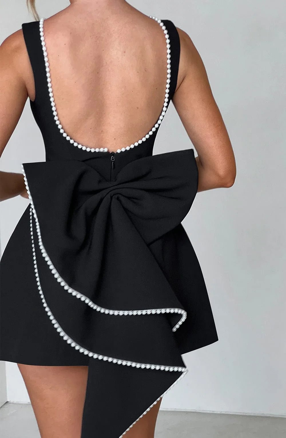 Violet | Elegant Pearl Trim Black and White Dress with Bow - Black - 4