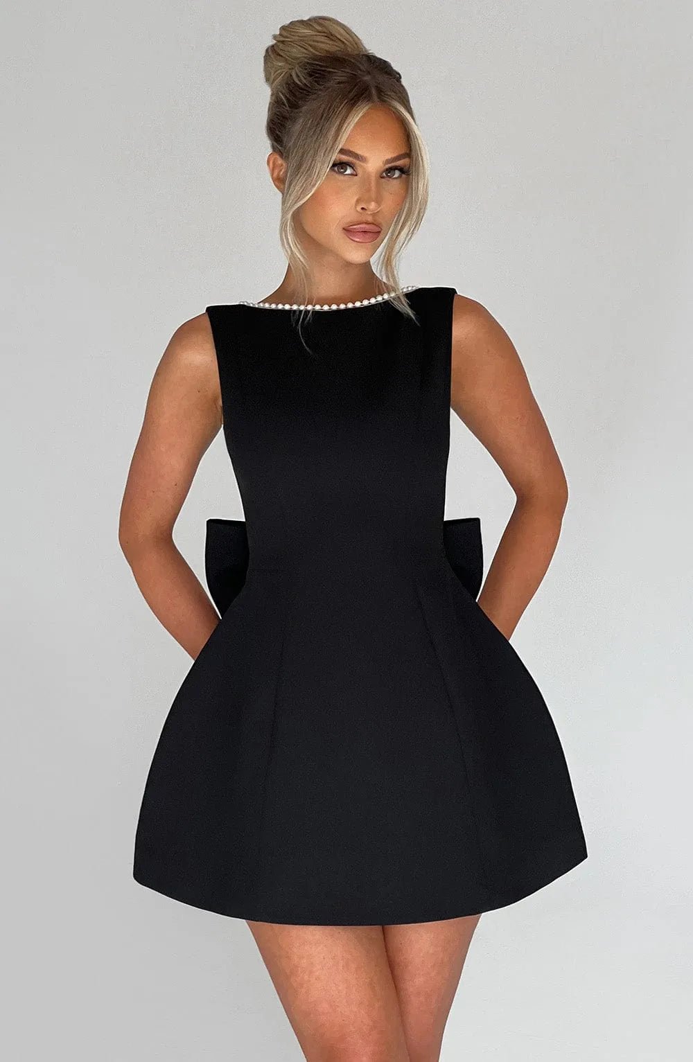 Violet | Elegant Pearl Trim Black and White Dress with Bow - Black - 1