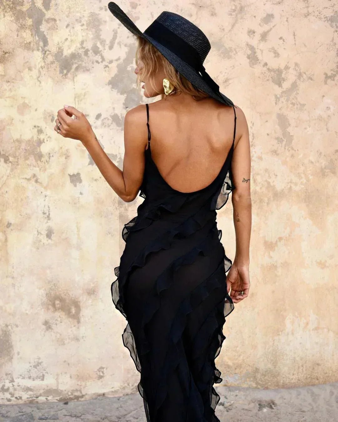 Grace | Elegant Ruffle Backless Maxi Dress with V - Neck - Red - 13
