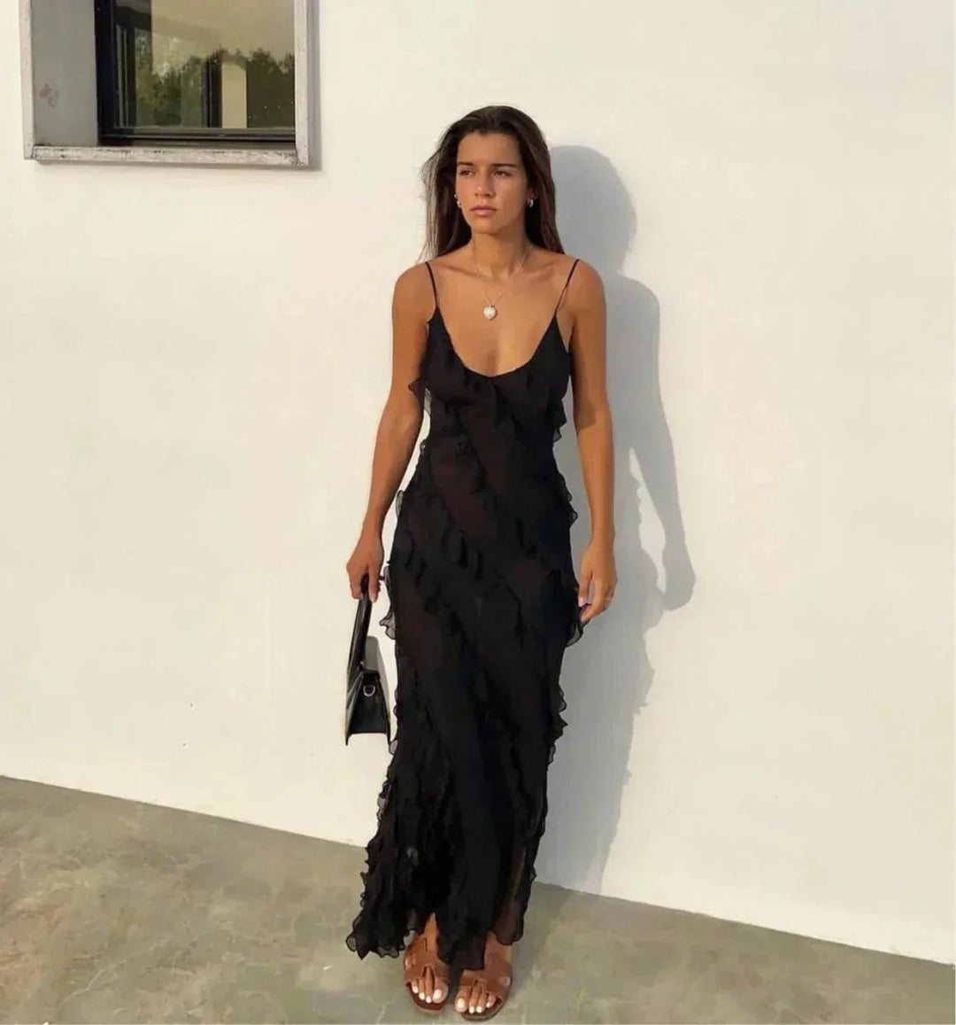Grace | Elegant Ruffle Backless Maxi Dress with V - Neck - Black - 19