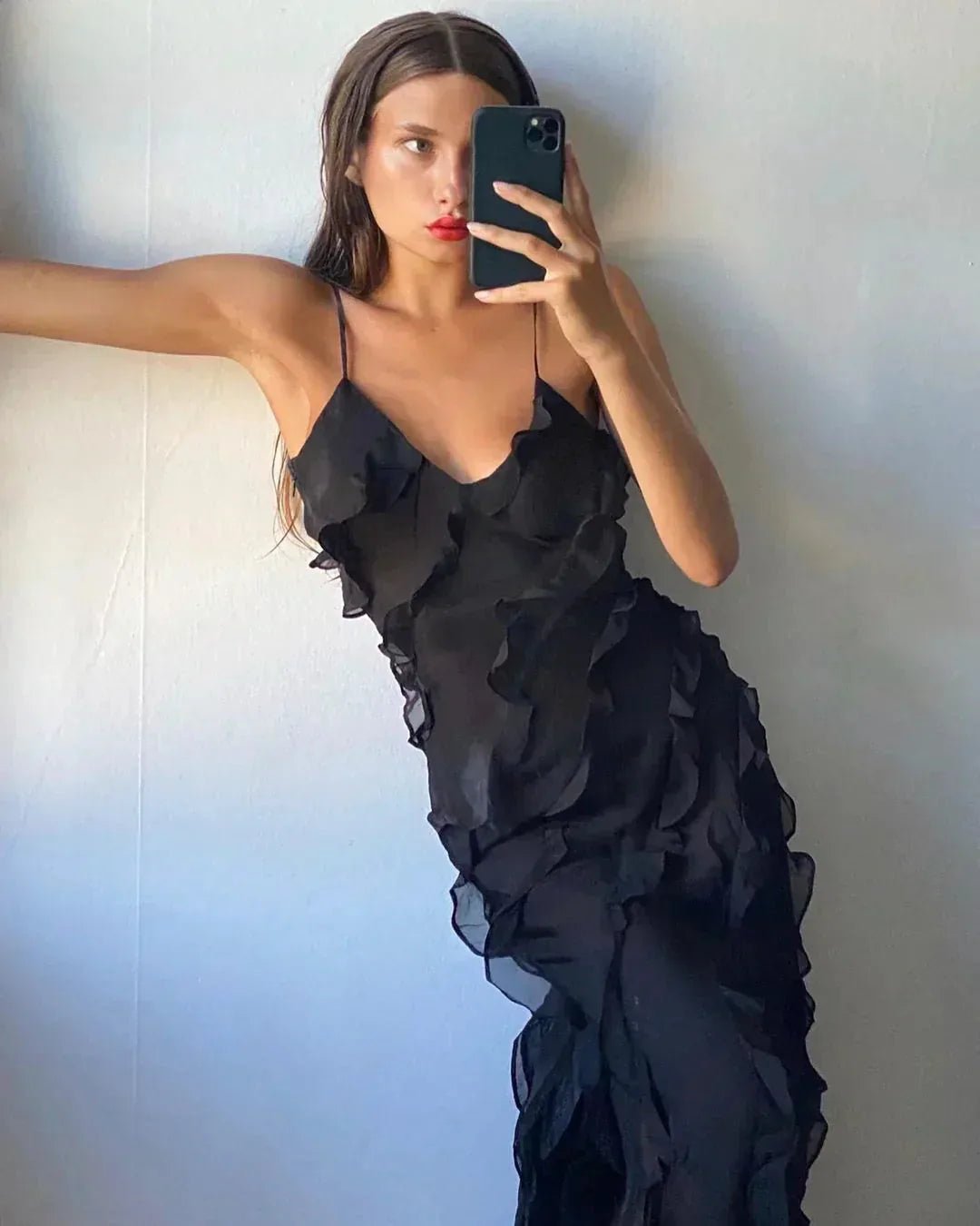 Grace | Elegant Ruffle Backless Maxi Dress with V - Neck - Red - 16