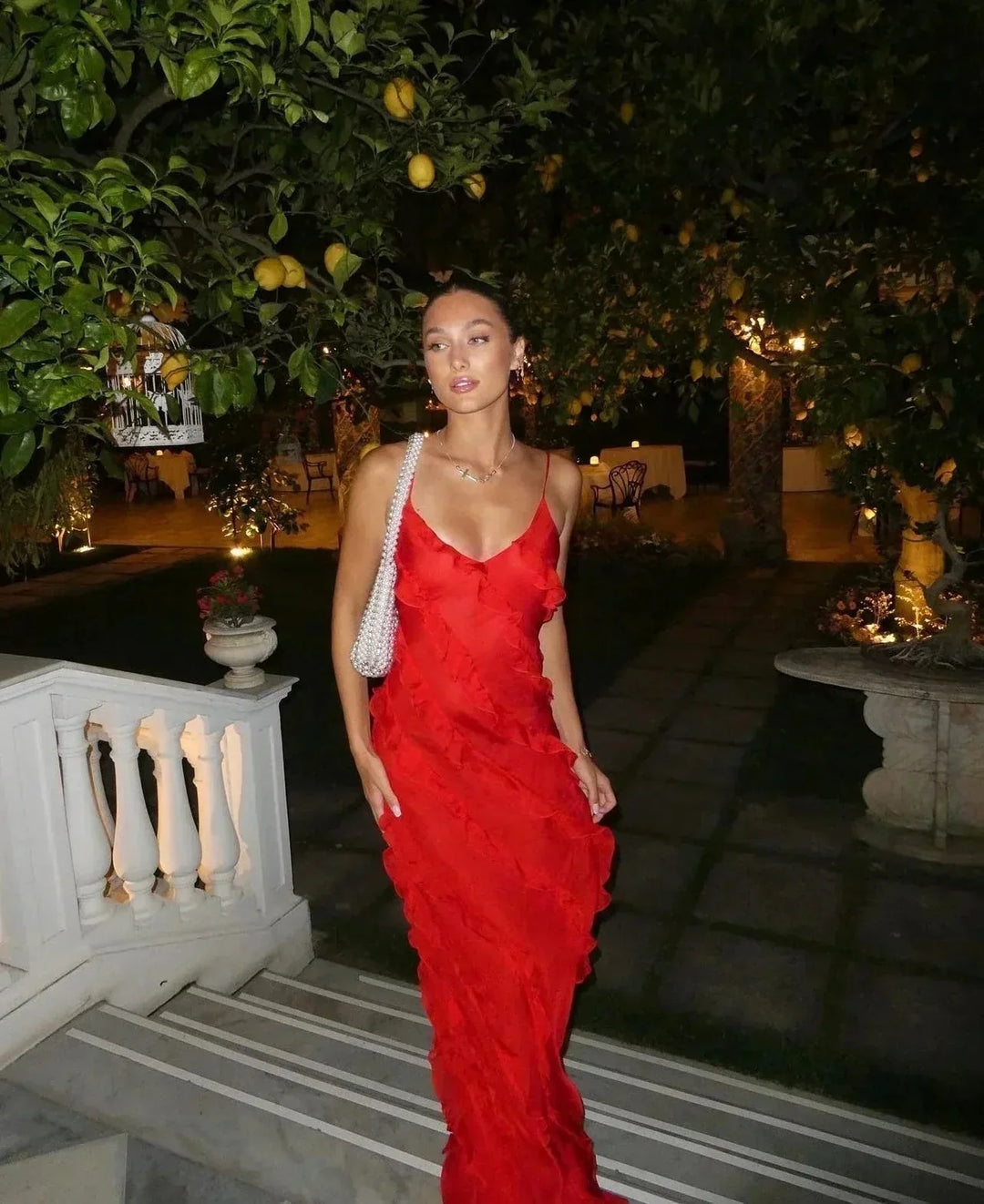 Grace | Elegant Ruffle Backless Maxi Dress with V - Neck - Red - 2