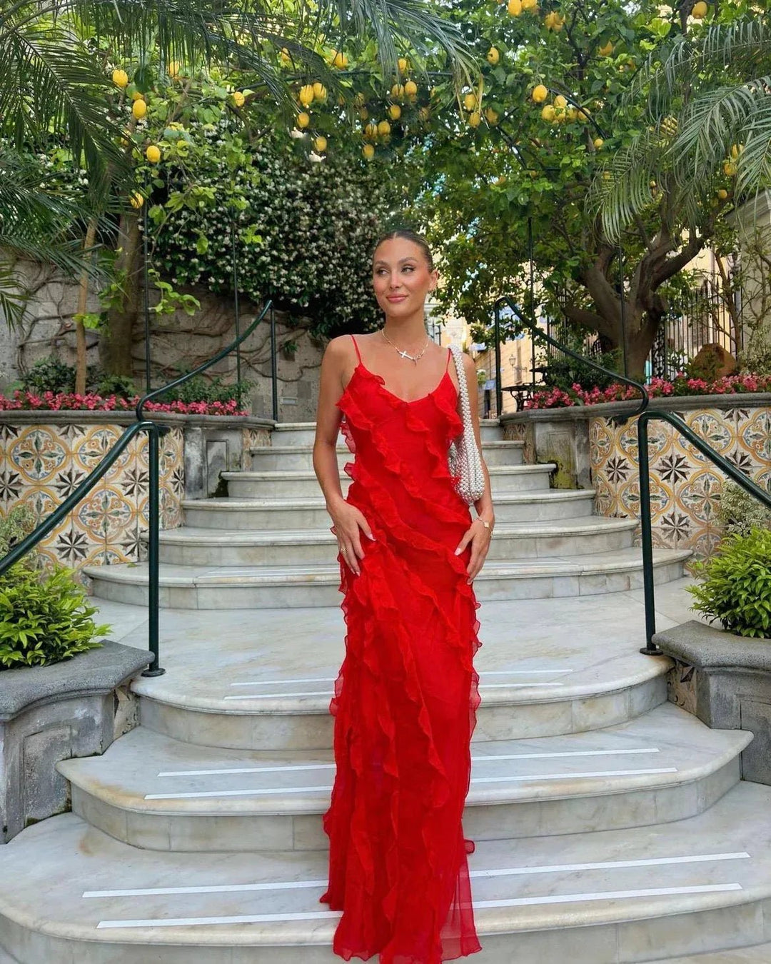 Grace | Elegant Ruffle Backless Maxi Dress with V - Neck - Red - 1