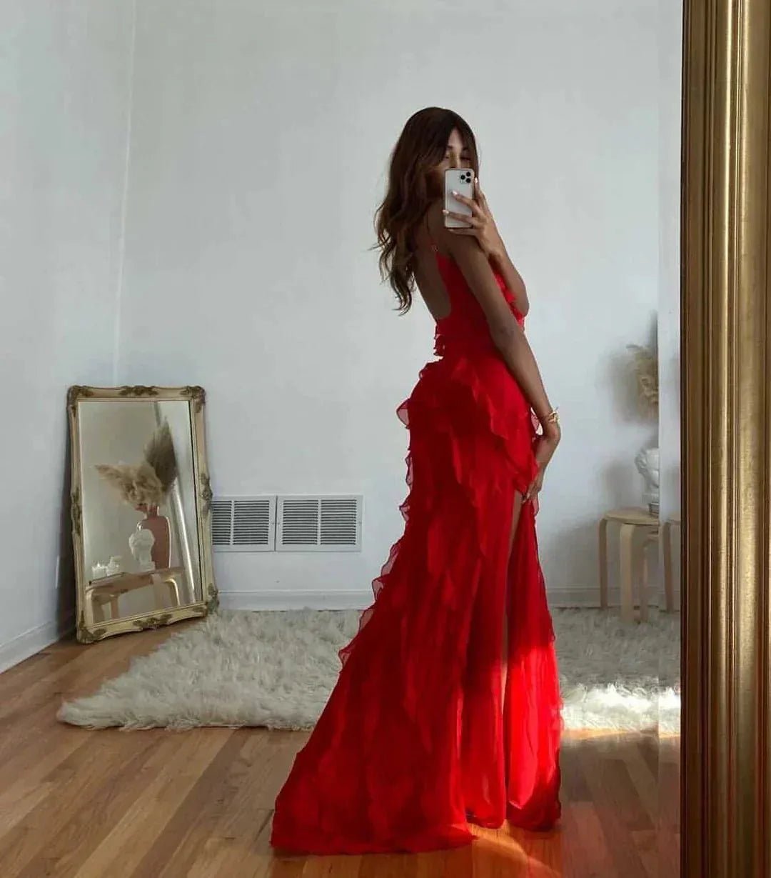 Grace | Elegant Ruffle Backless Maxi Dress with V - Neck - Red - 10