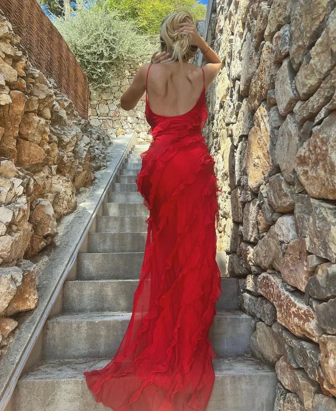 Grace | Elegant Ruffle Backless Maxi Dress with V - Neck - Red - 8