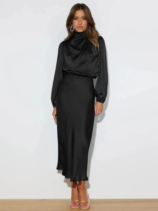 Rhea | Elegant Satin Draped High Neck Long Sleeve Midi Dress - Black - 1