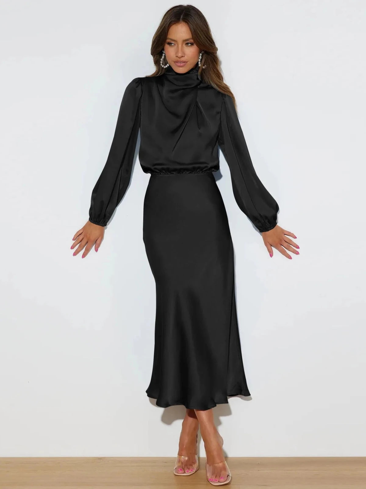 Rhea | Elegant Satin Draped High Neck Long Sleeve Midi Dress - Black - 2