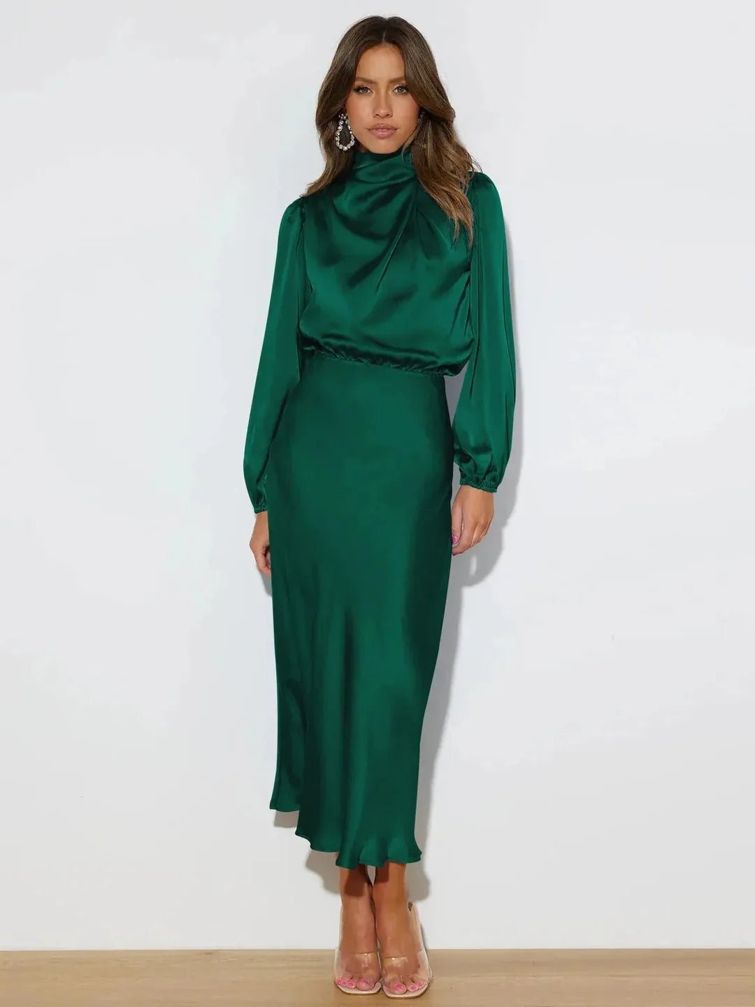 Rhea | Elegant Satin Draped High Neck Long Sleeve Midi Dress - Green - 4