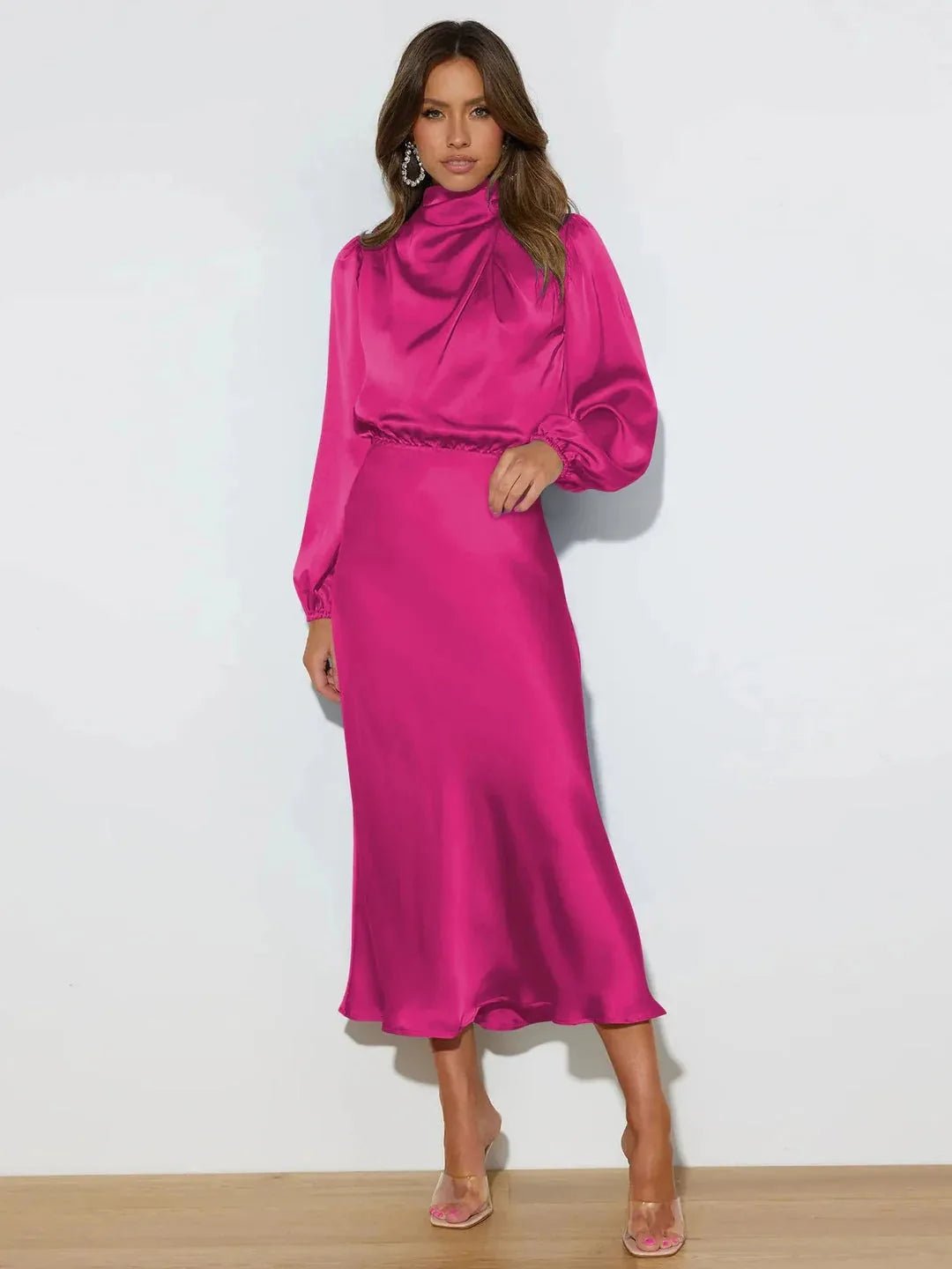 Rhea | Elegant Satin Draped High Neck Long Sleeve Midi Dress - Hot Pink - 5