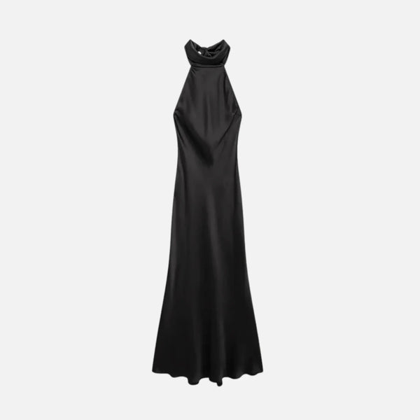Maya | Meredith Elegant Black Satin Halter Neck Maxi Dress - Black - 1