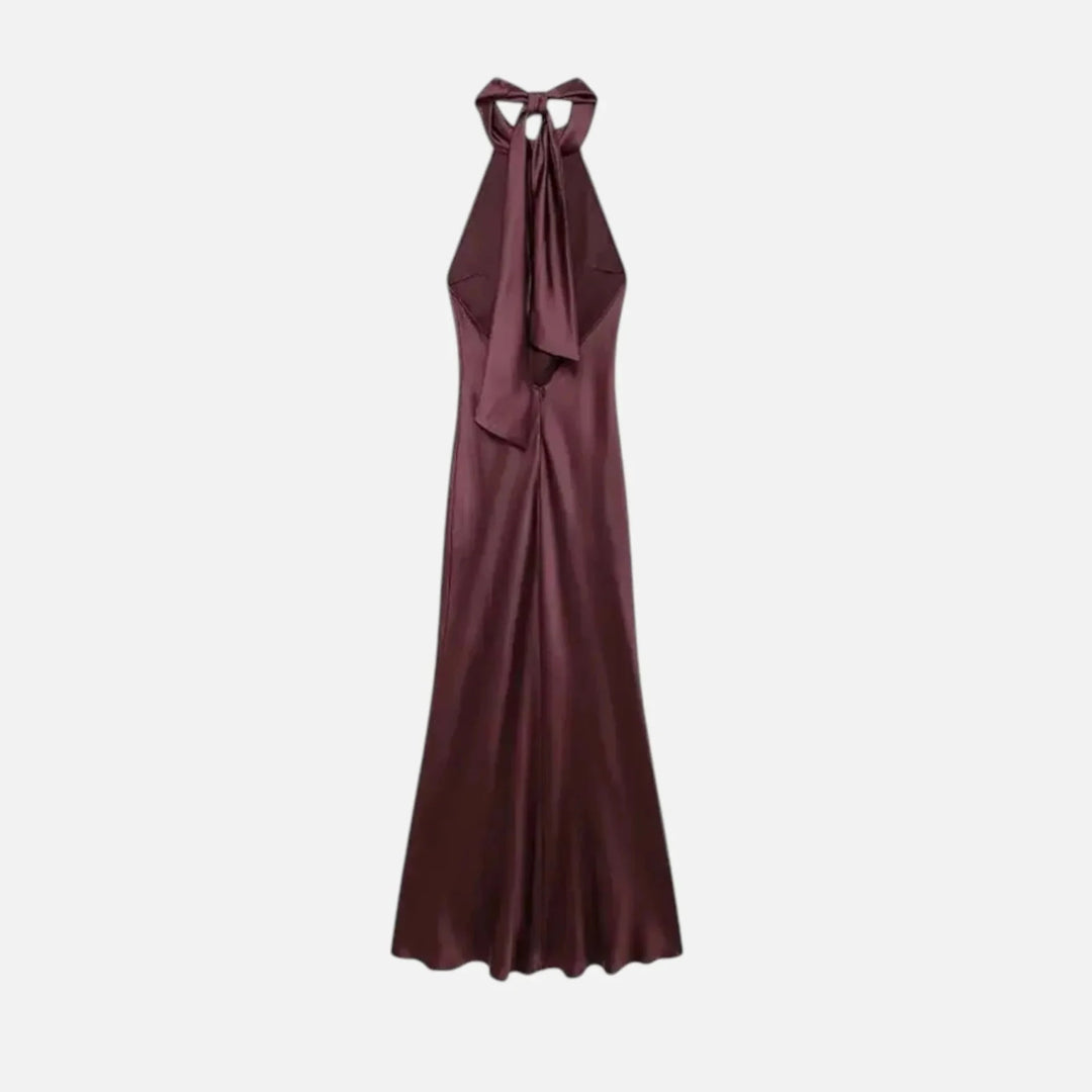 Maya | Meredith Elegant Black Satin Halter Neck Maxi Dress - Burgundy - 3