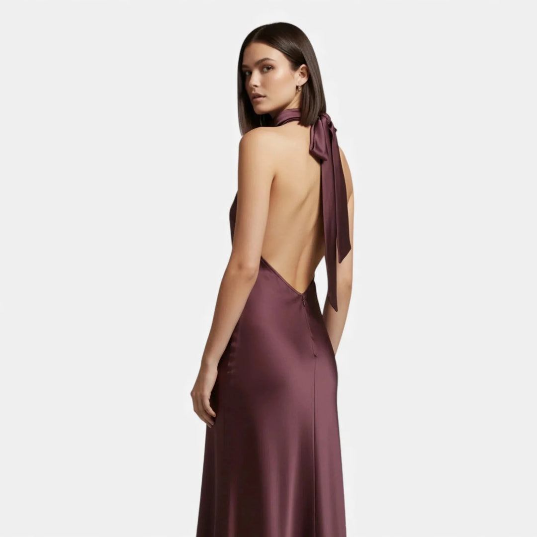 Maya | Meredith Elegant Black Satin Halter Neck Maxi Dress - Burgundy - 5