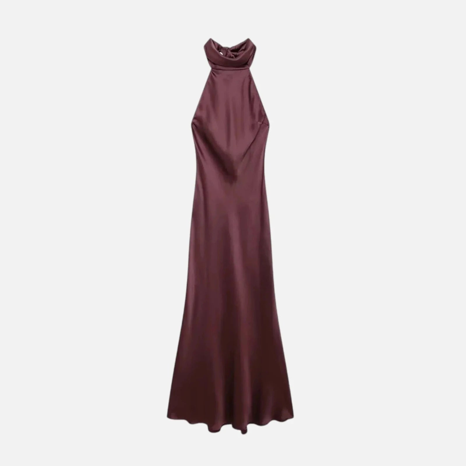 Maya | Meredith Elegant Black Satin Halter Neck Maxi Dress - Burgundy - 2