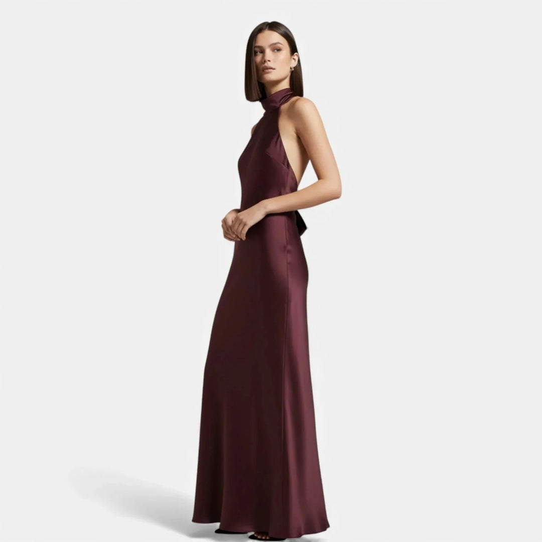 Maya | Meredith Elegant Black Satin Halter Neck Maxi Dress - Burgundy - 4