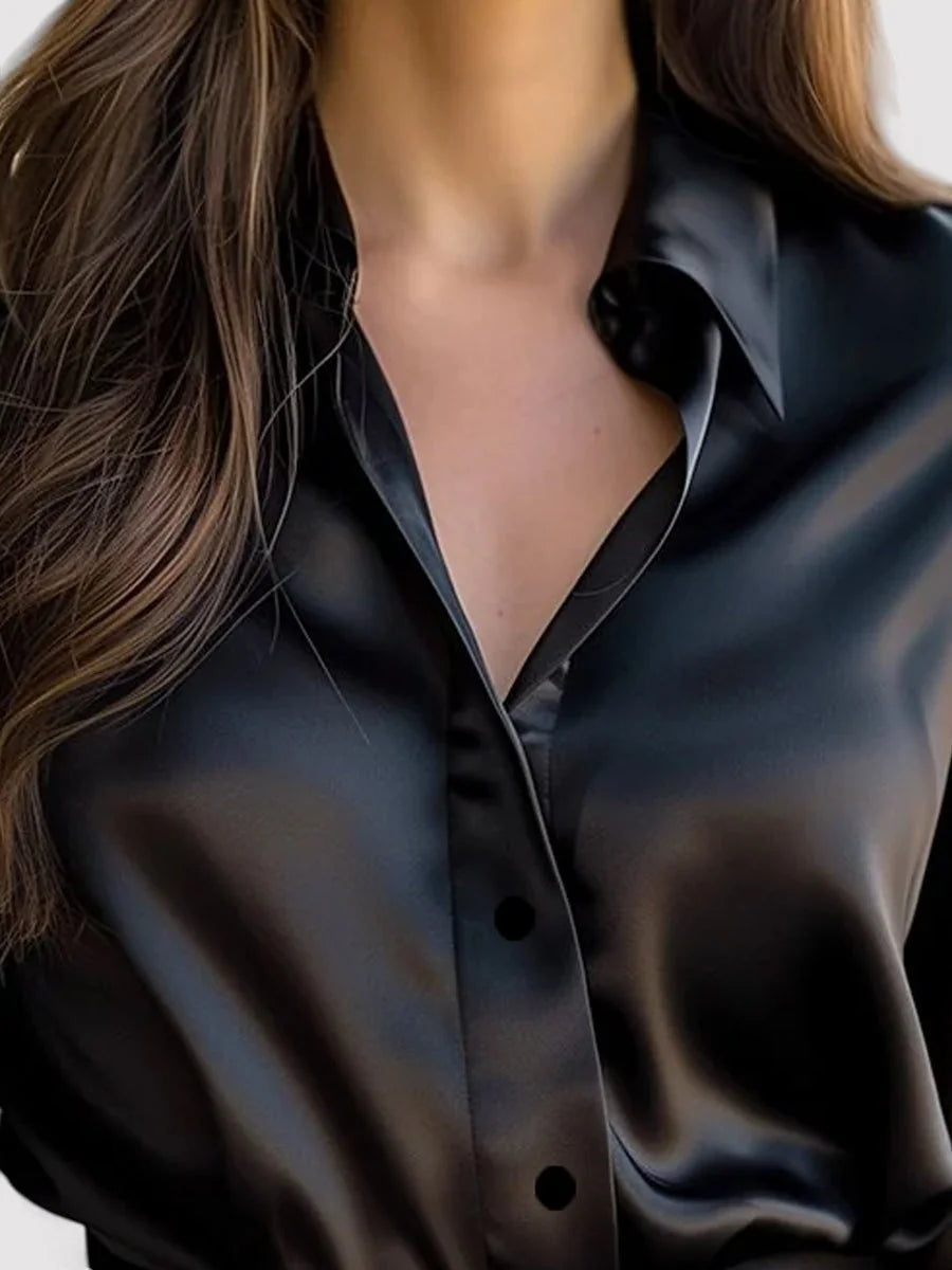 Black Women's Elegant Satin Long Sleeve Blouse — Lucy Button-Front V-Neck - Close Up Neckline