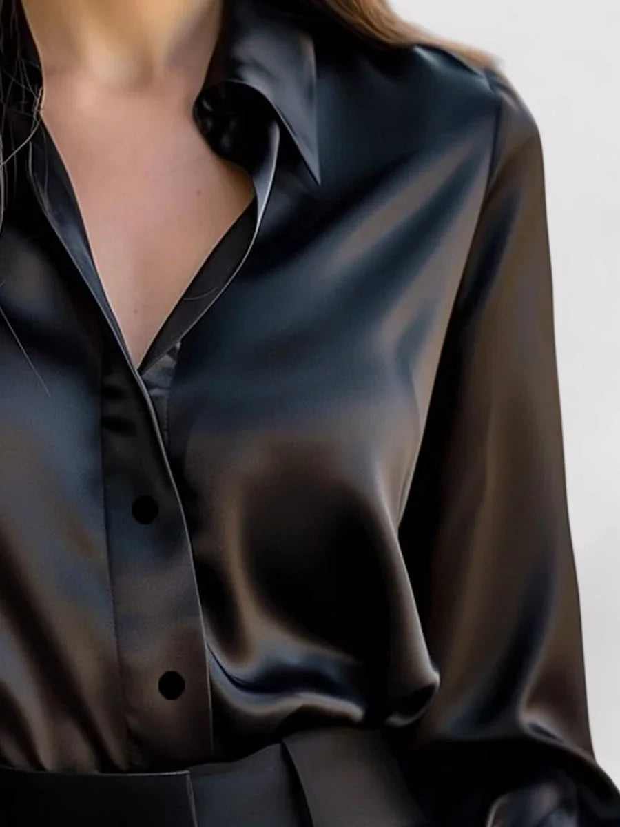 Black Women's Elegant Satin Long Sleeve Blouse — Lucy Button-Front V-Neck - Front Detail