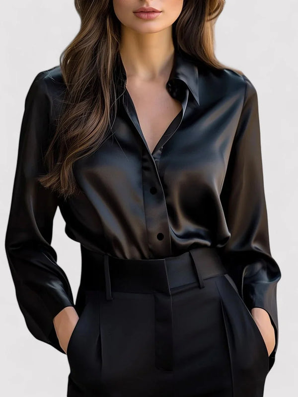 Black Women's Elegant Satin Long Sleeve Blouse — Lucy Button-Front V-Neck - Front Full