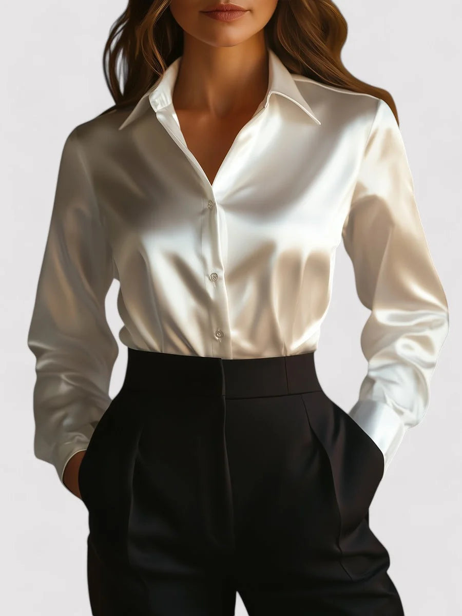 White Women's Elegant Satin Long Sleeve Blouse — Lucy Button-Front V-Neck - Studio