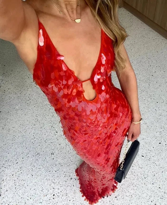 Alba | Sybil Elegant Red Sequin V - Neck Mermaid Gown - Red - 3